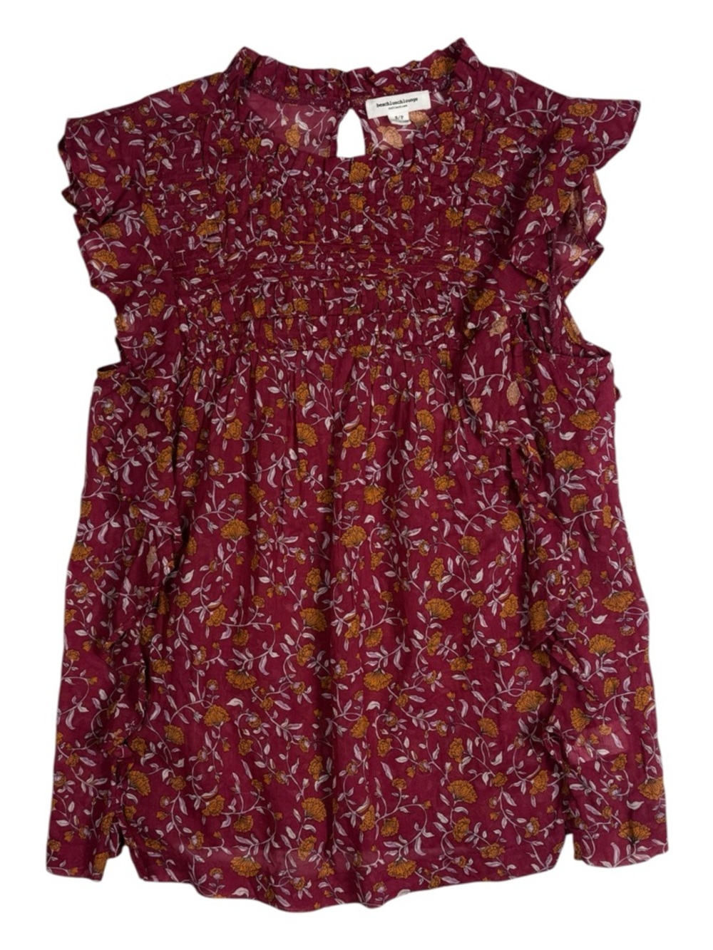 Beach Lunch Lounge Floral Pintuck Ruffle Sleeve Boho Blouse Cotton Small